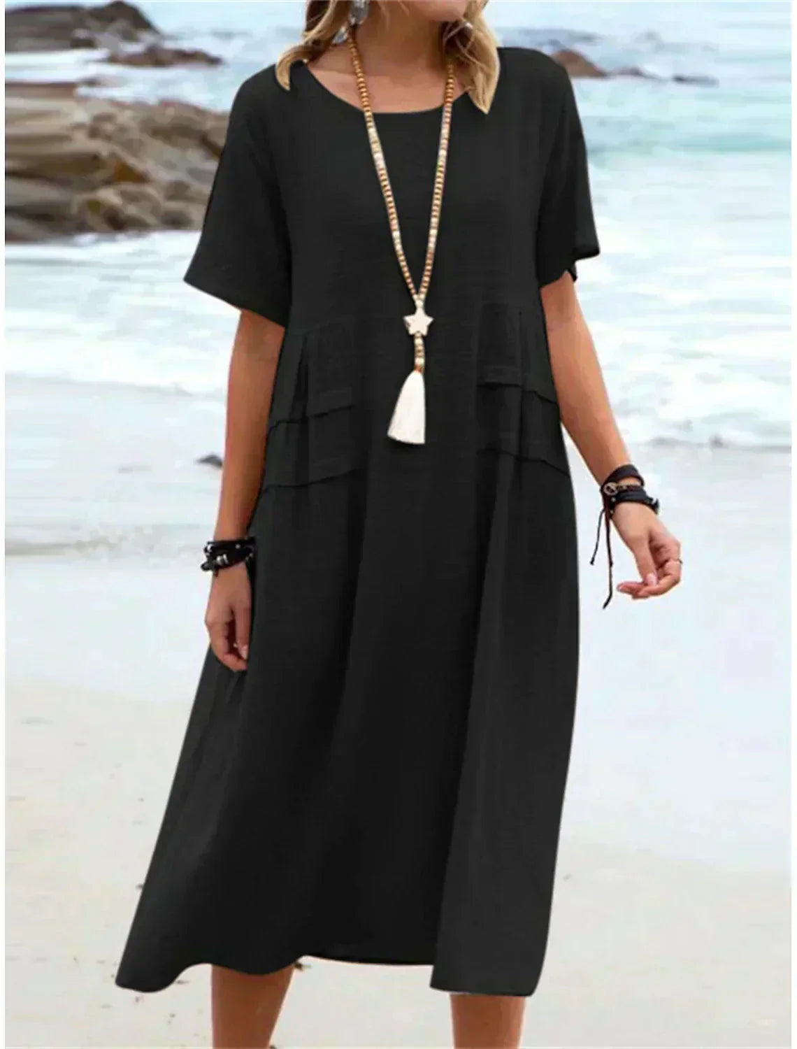 Vestido de mujer de cuello redondo de lino y algodón